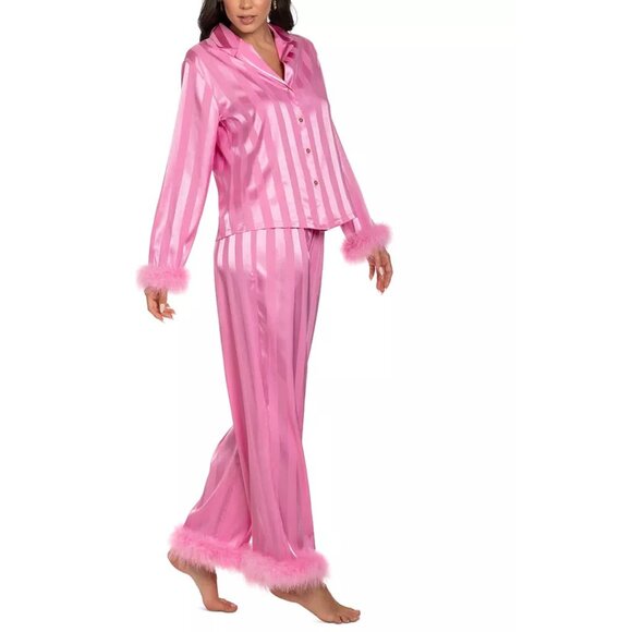 Sz XL new Linea Donatella Women's Feather-Trimmed STRIPED SATIN Pajama Set PINK - Picture 3 of 7